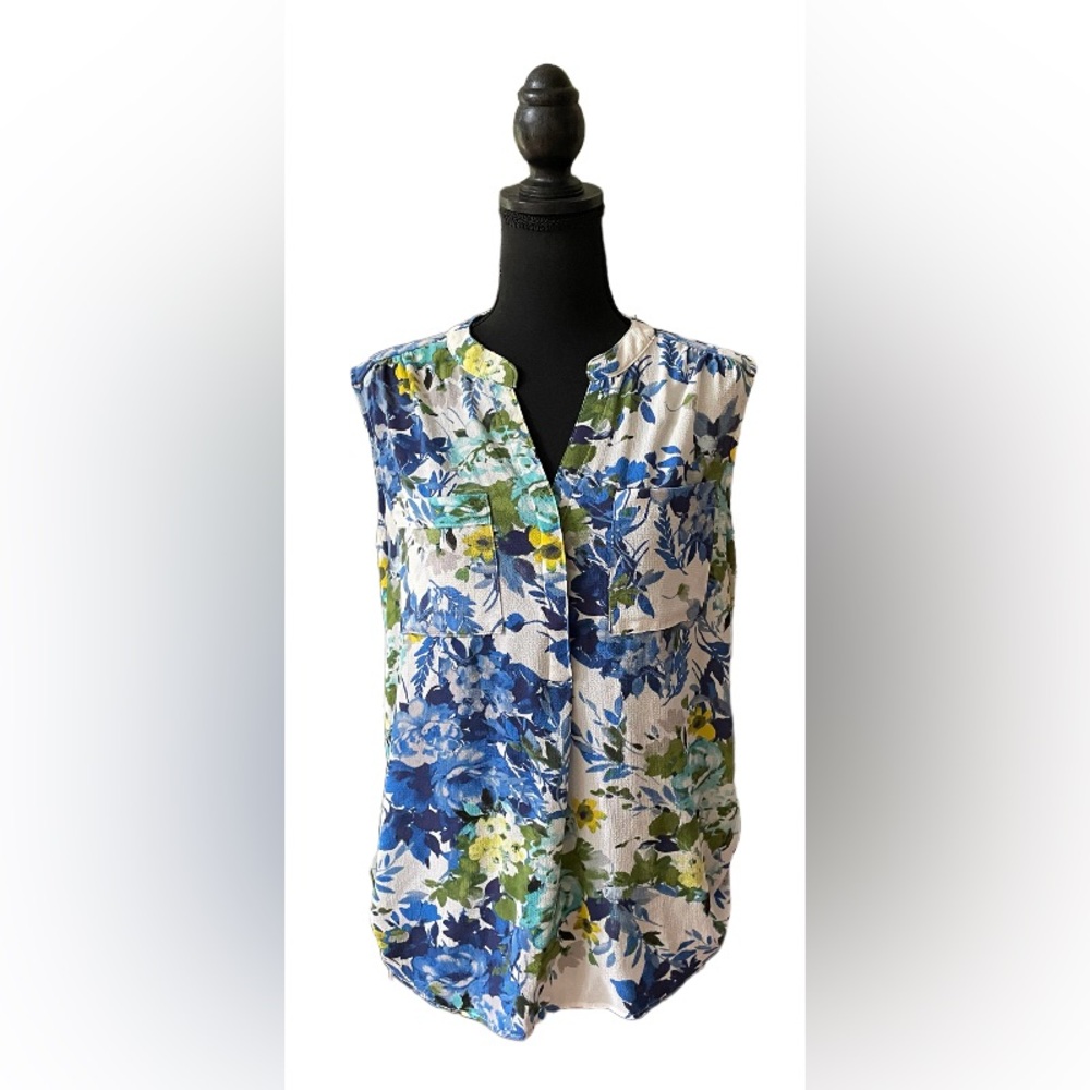 Roz & Ali: Blue, Green, Yellow and White Floral Blouse with Ties on Sides